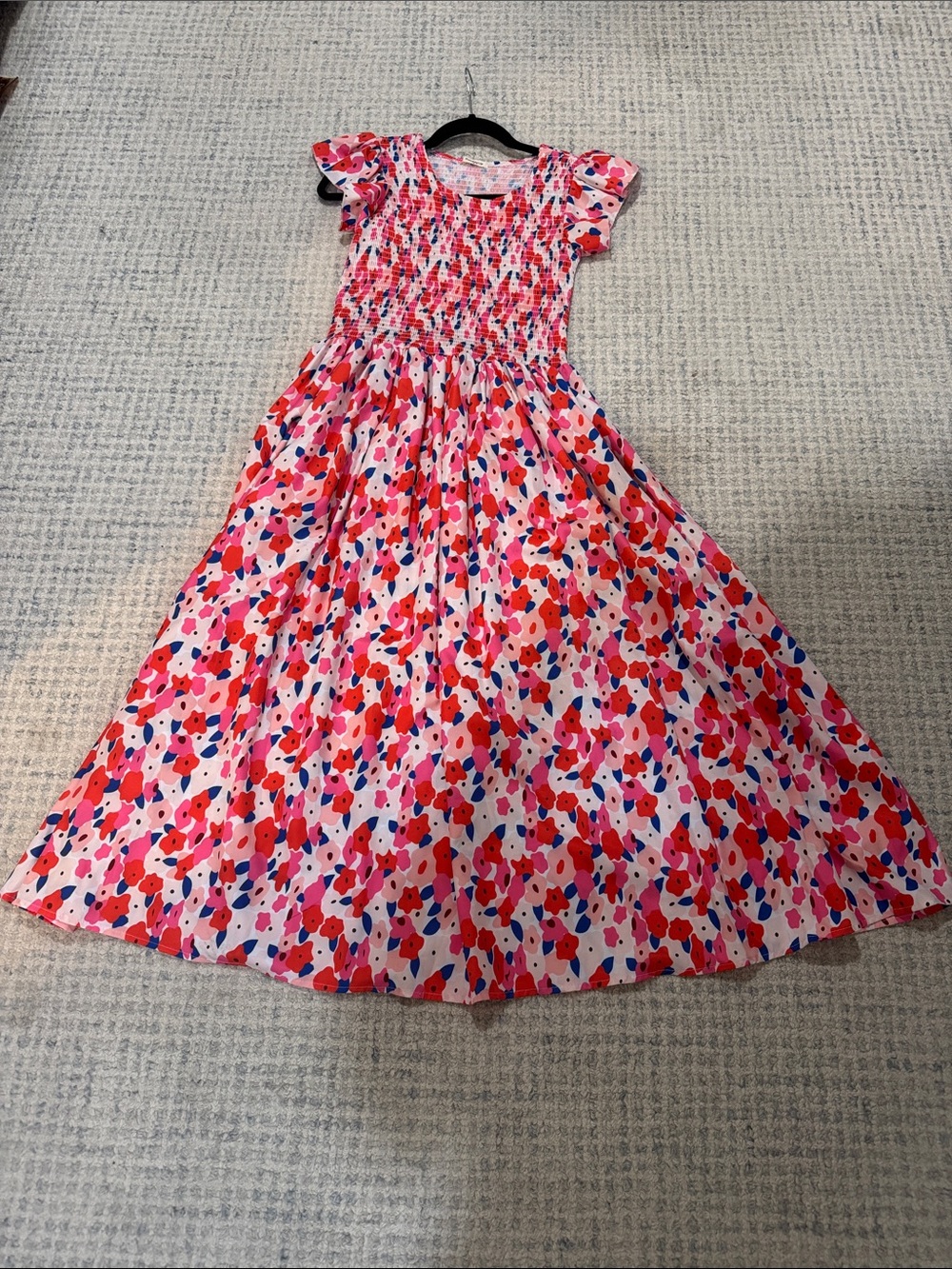 Smocked Flutter-Sleeve Maxi Dress in Pink Floral Print